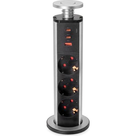 emuca multiconector extraíble vertikal, 3 enchufes tipo schuko, 1 usb tipo a, 2 usb tipo c, plástico y aluminio, gris metalizado