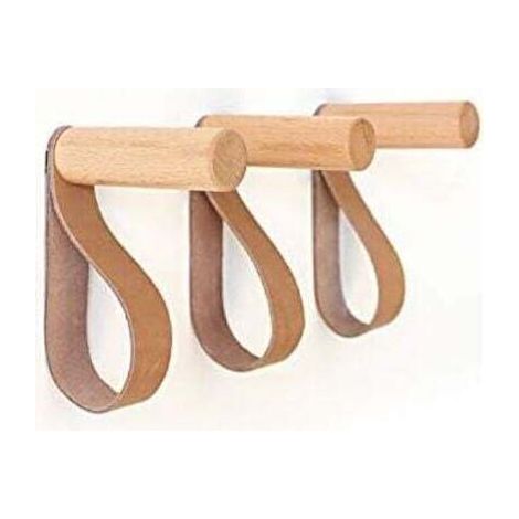 Leather Wall Hooks, Wooden Wall Hooks, Wall Coat Rack for Hanging Bags, Towels and Coats, Scandinavian Decoration, Modern Design (Set of 3) (1/3)