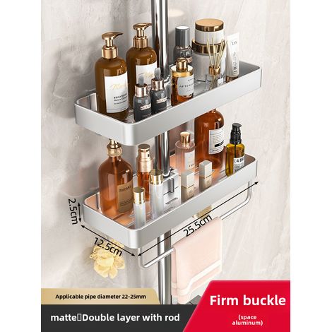 Receveur de douche double couche mat avec barre, sans perçage, support de barre de douche intégré, ventouse puissante (1/5)