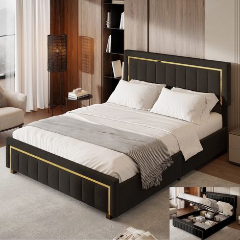 Lit Double 140 x 200 cm avec Rangement de Hydraulique, Lit Coffre avec Tête de Lit et Sommier à lattes, Lit rembourré, Velours, Noir (1/5)