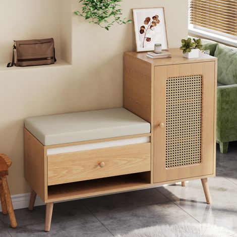 Mobile per scarpe con cuscino, cassetti e nicchia aperta, in naturale, 95,5x35x80,5 cm (1/5)