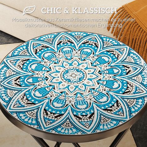 Table de jardin ronde en mosaïque bleue, pliable avec structure métallique et plateau céramique, motif décoratif, pour patio et terrasse