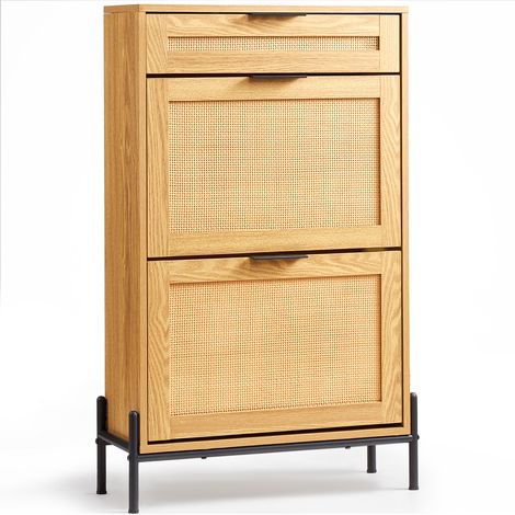 VEVOR Meuble à chaussures en rotin, organisateur étroit 2tiroirs rabattables+1coulissant, pieds métal, mince, idéal pour entrée, placard et couloir, bois clair (1/5)