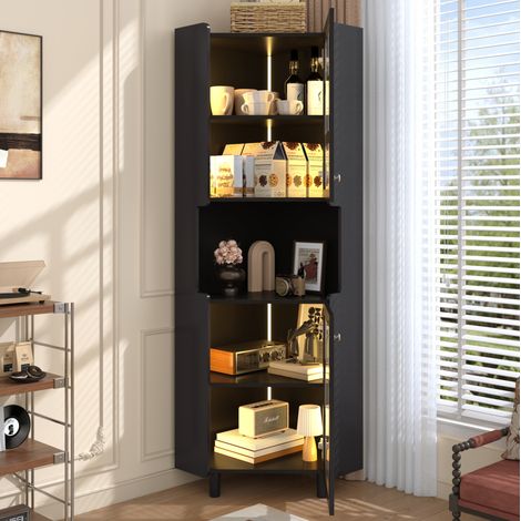 Mobile angolare 63.5x157.5 cm nero in MDF laccato con LED e ante in vetro (1/5)