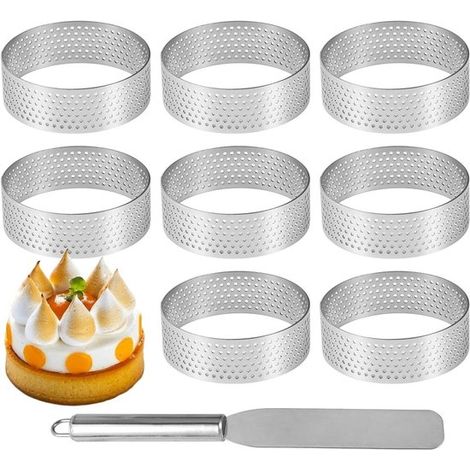 Lot de 8 cercles à dessert, moules à mousse ronds de 6 cm de diamètre avec trous, 2 cm de hauteur, pour gâteaux et pâtisseries (1/5)