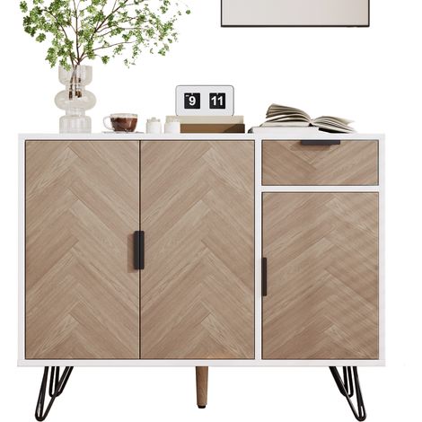 Buffet de rangement blanc et bois, avec 1 tiroir, 3 portes, étagères réglables, charnières à fermeture douce et pieds métal noirs, pour salon ou entrée – CHICFURN (1/5)