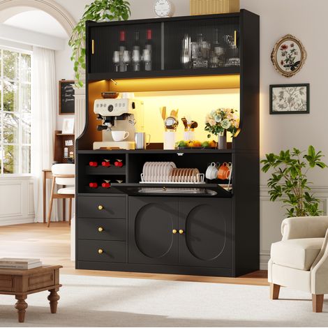 Vaisselier haut cuisine 120x40x180 cm en MDF et métal, noir, rangement gain de place – MEUBLIV (1/5)