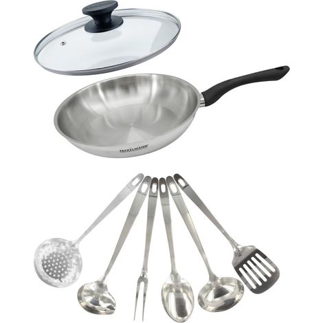 Set poêle 28 cm en inox, couvercle verre et 6 ustensiles inox Fackelmann Geneva (1/5)