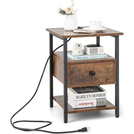 COSTWAY Comodino a 3 Piani con Stazione di Ricarica, Tavolino in Legno con Ripiani Aperti e Cassetto, Tavolino con Struttura in Metallo Robusto per Camera da Letto, Soggiorno e Studio, Naturale (2) (1/5)