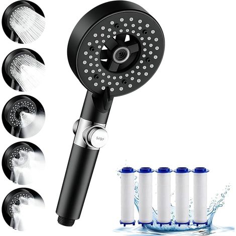 Cabezal de ducha de alta presión FOREHILL, cabezal de ducha para baño con 4 modos ajustables, cabezal de ducha antical con masaje y función de parada de agua, cabezal de ducha ahorrador de agua (Negro (1/5)