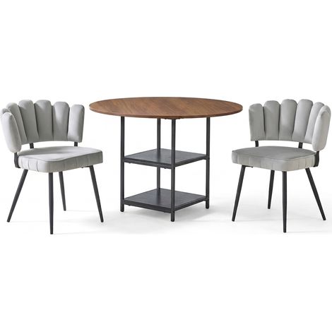 Ensemble table ronde et 2 chaises, table à manger ronde 107 cm effet noyer avec double rangement, tissu gris clair (1/5)