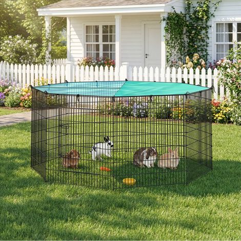 Enclos pour Petits Animaux, Parc Enclos, avec Toit, Respirant, Protection Solaire, pour Lapins, Cochons d’Inde, 8 Panneaux, 175 x 175 x 80 cm, Noir d'Encre (1/5)