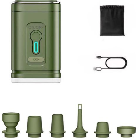 Esta minibomba de aire portátil incluye 6 boquillas recargables para inflar/desinflar colchones de aire, boyas, etc. (1 juego, verde). (1/5)