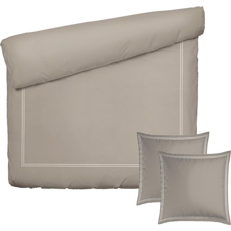 Parure de lit 3 Pièces 2 Personnes - Housse de Couette 240x220 cm et 2 Taie Oreiller 63x63 cm – 100% Satin de Coton, 80 Fils – Taupe et Blanc (1/5)