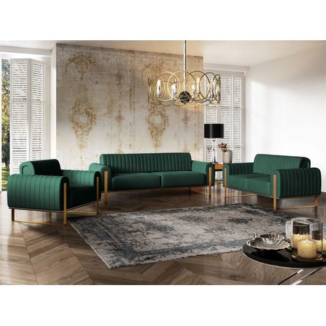 Sofaset Designersofas VALERIE 3-2-1 in Stoff Elisa Velvet Flaschengrün (1/5)