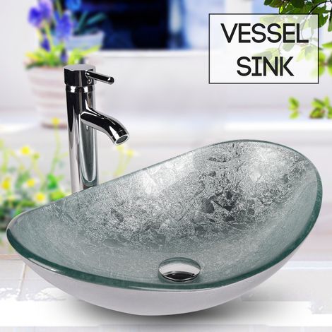 Bathroom Sink Combo Set,Tempered Glass Basin,Hand-painting Artistic Washbowl,with Supply Lines, Chrome Tap and Waste,Oval,Silver