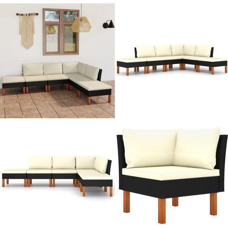 6-tlg. Garten-Lounge-Set mit Kissen Poly Rattan Schwarz - Gartensonnenliege - Gartenloungesessel - Outdoor Möbel - Esszimmergarnitur - Balkonmöbel - Home & Living (1/5)