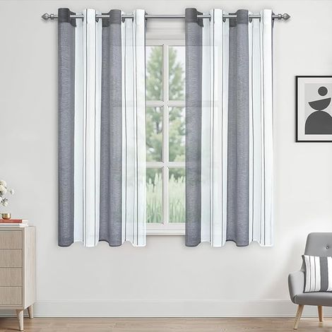 White and Grey Striped Net Curtain Short Curtain Panels with Eyelets 140 x 120 cm Yarn Dyed Transparent for Small Living Room Window (1/2)