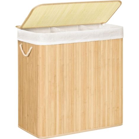 Panier à linge en 100 % bambou - 150 l - XXL - Panier à linge avec 3 compartiments et couvercle - Panier à linge solide en bambou pour salle de bain et chambre à coucher - Pliable, léger (1/5)