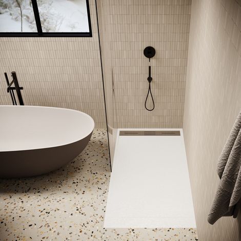 Stano. – Receveur de douche extra plat 80 x 180 cm – SoliCast® blanc avec finition ardoisée – Antidérapant classe C – Grille inox incluse