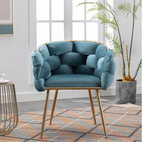 Silla de acento moderna, tapizado de terciopelo, estructura metálica, azul (1/5)