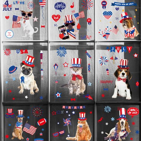 Autocollants pour fenêtre motif chien et chat patriotiques américains, 4 juillet, 9 feuilles, décorations pour la maison et la cuisine, fête nationale américaine (commémoration de l'indépendance), été (1/5)