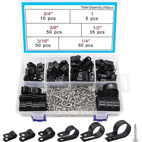 200 pièces serre-câbles noirs en nylon et plastique type R 6 tailles 3/16' 1/4' 3/8' 1/2' 3/4' 1' kit d'assortiment de clips de fil de montage de câble avec vis pour la gestion des fils H-049 (1/5)
