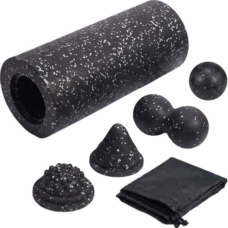 Relaxdays Faszienrolle, 5er Set, Massageball, Doppelbal, Triggerpunkt Drücker, Noppen Halbkugel, Selbstmassage, schwarz (1/5)