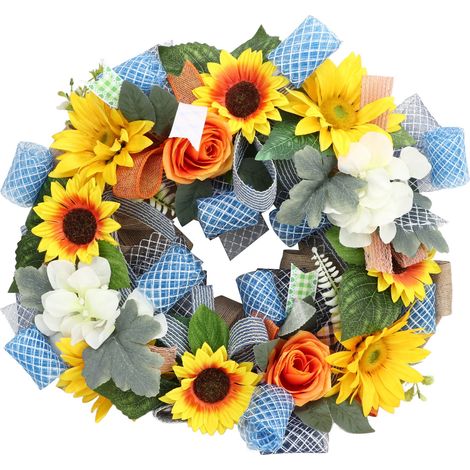 Sonnenblumenkranz, 45 cm Durchmesser, leuchtende Farben, sicher, vielseitig verwendbar, für Haustür, Party, Hochzeit, Büro (1/5)