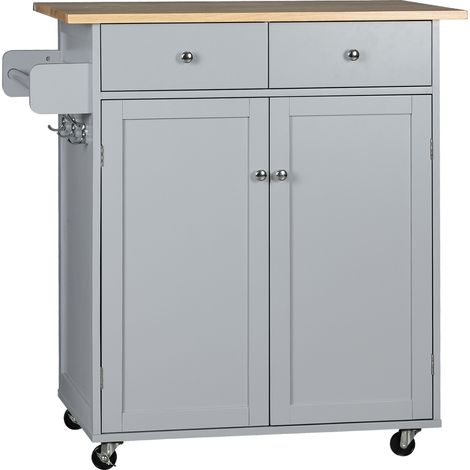 HOMCOM Rolling Kitchen Island, Utility Serving Cart with Rubber Wood Top Grey (1/5)