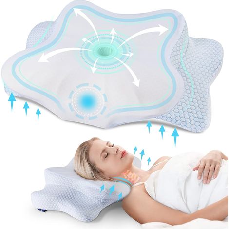 Oreiller Ergonomique Cervical pour Les Dormeurs sur Le Côté, Le Dos Et Le Ventre, Oreiller Memoire Forme pour Le Cou et Les Épaules, avec Taie d'oreiller, 63x38x9/14cm, Blanc Bleu (1/5)