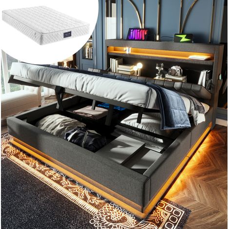 Bett modern gepolstert 160x200 cm in Grau mit Stauraum-Kopfteil, USB/Type-C, LED, hydraulischem Bettkasten und Matratze (1/5)
