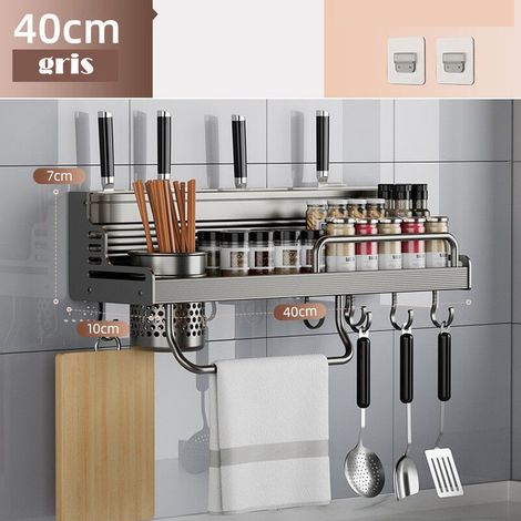 Étagère de cuisine CREA, support mural multifonction anti-perforation pour baguettes et couteaux, support de rangement ménager, aluminium Étagère à assaisonnement (simple fût)