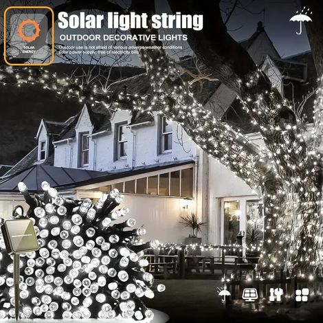 Guirlande lumineuse solaire LED (30 LED, 6,5 m, blanche) compatible avec les espaces extérieurs pour Noël, jardin, terrasse ou balcon. 8 modes d'éclairage, étanche, effet scintillant. (1/5)