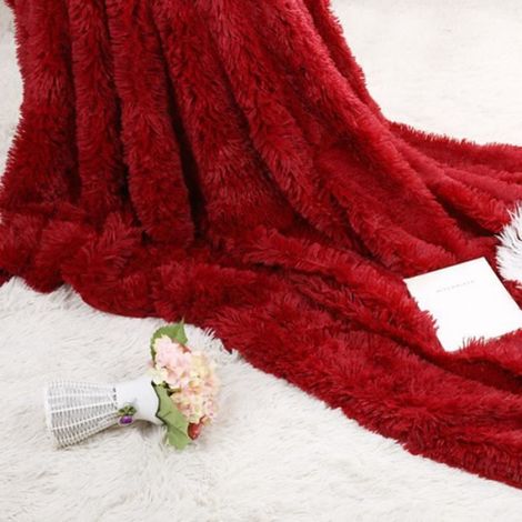 Couverture Shaggy - Fausse Fourrure - 130 x 160 cm - Rouge Vin - Pour Canapé Lit Voiture - 1 Pièce (1/4)