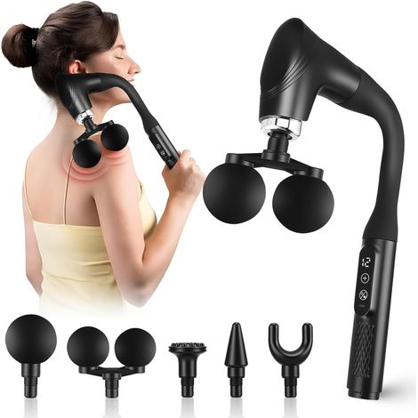 Pistolet de massage à double tête avec poignée en forme de U allongée, 5 embouts, écran LCD et chargement USB-C, pour le dos, le cou, les jambes et les fascias.