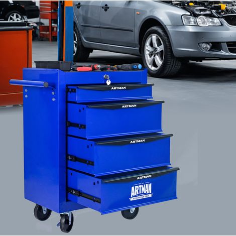 Servante à outils mobile 52,5x33x77,5 cm en acier noir et bleu, 4 tiroirs pour garage – MEUBLIV (1/5)