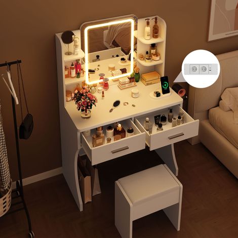 Coiffeuse avec Miroir LED et Tabouret, Luminosité Réglable, 3 Couleurs, Multiprise, 2 Tiroirs, 4 étagères, 80L X 40P X 130H cm, Blanc (1/5)