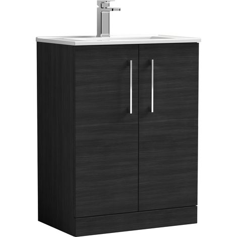 Balterley Modern Bathroom 2 Soft Close Door Floor Standing Vanity Unit & Basin, Charcoal Black, 600mm