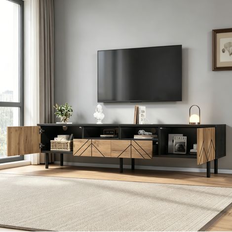 Meuble TV 180x40x45 cm en panneaux de bois noir, avec rangement pour salon, moderne FloraGrace (1/5)