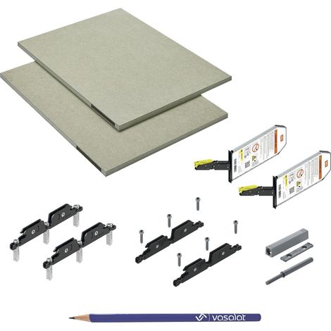 Blum Aventos HKi mit Blumotion und Tip On vollintegriert, Kraftspeicher 24K2300T SET - Klappenbeschlag mit Montagezubehör und vorgefrästen Rohplatten + vasalat Bleistift, 7-teilig (1/5)