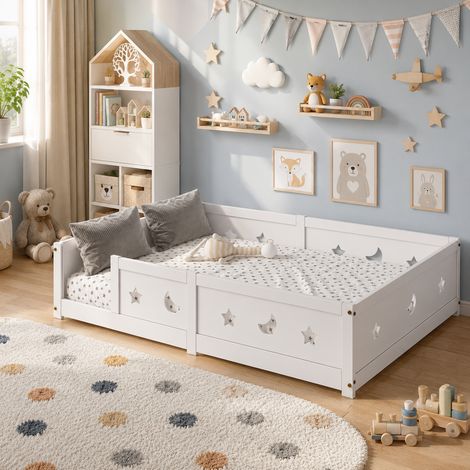 Lit au Sol Enfant 140x200, Lit Montessori avec Barrière de Sécurité Anti-Chute, Motif Étoiles et Lune, Bois de Pin Massif Blanc (1/5)