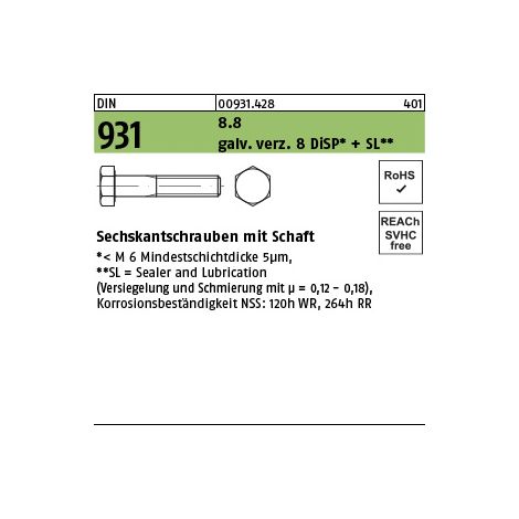 Sechskantschraube DIN 931 Schaft M30x 170 8.8 gal Zn 8 DiSP + SL 1 Stück (1/3)