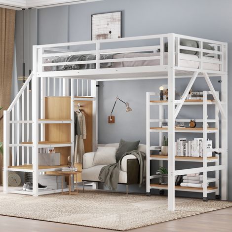REDOM Lit mezzanine 90x200 cm Rangement d angle avec penderie métal et bois Blanc Naturel garde corps (Sans matelas) (1/5)