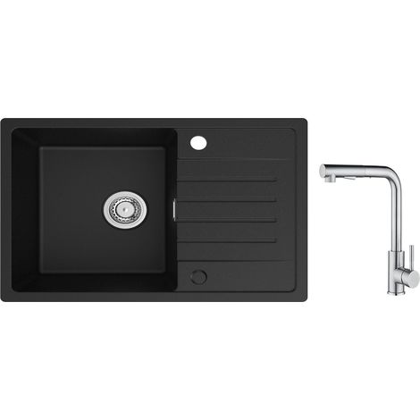 Lavello da Cucina Cecipa 1 Vasca con Gocciolatoio, Lavello da Cucina in Quarzo e Resina 78x45 cm Lavello Nero di Grande Capacità + Miscelatore da Cucina con Doccetta Estraibile - 2 Getti a Scelta - Sp (1/5)