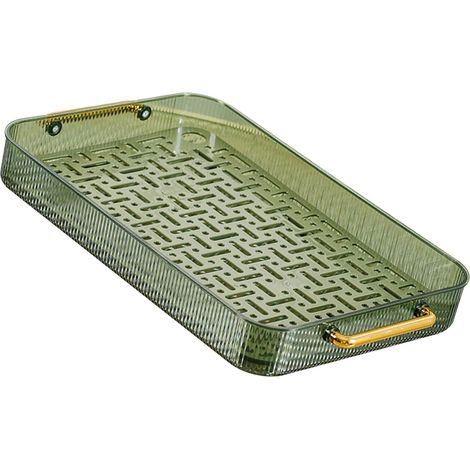 Plateau à thé double couche avec égouttoir et deux poignées, décoratif et élégant, vert foncé. (1/5)