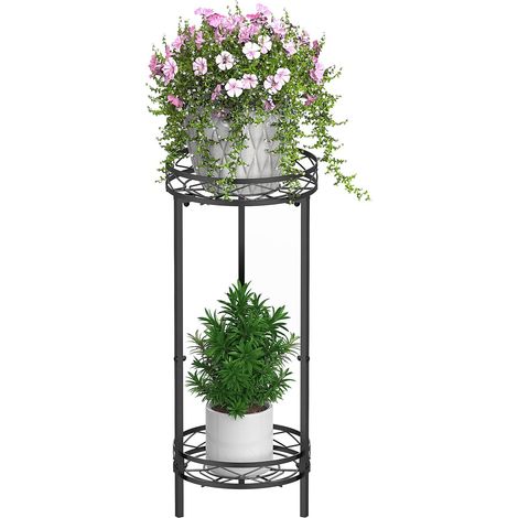 Support pour plantes en métal pour l'intérieur - 2 niveaux - 70 x 29 cm - Support de pot de fleurs pour jardin, terrasse et décoration de maison - Noir (1/5)