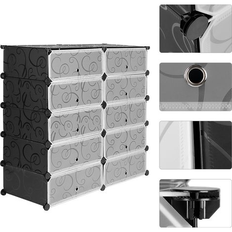Hofuton Armoire à Chaussures Meuble de Rangement pour 20 Paires de Chaussures 10 Cube Etagère à Chaussures Etagère de Rangement en Plastique 90 36 87.5cm Noire et Blanc Imprimée (1/5)