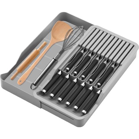 Portecouteaux Tiroir à double couche Insert pour 11 couteaux Tiroir antidérapant pour fourchettes, cuillères, spatules (gris) (1/5)