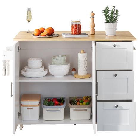 Grande table de cuisine mobile — Plan de travail en chêne, design pliable  dispose de 3 tiroirs et d'un porte-serviettes — Adaptée aux cuisines, aux salles à manger et aux environnements domestiques.